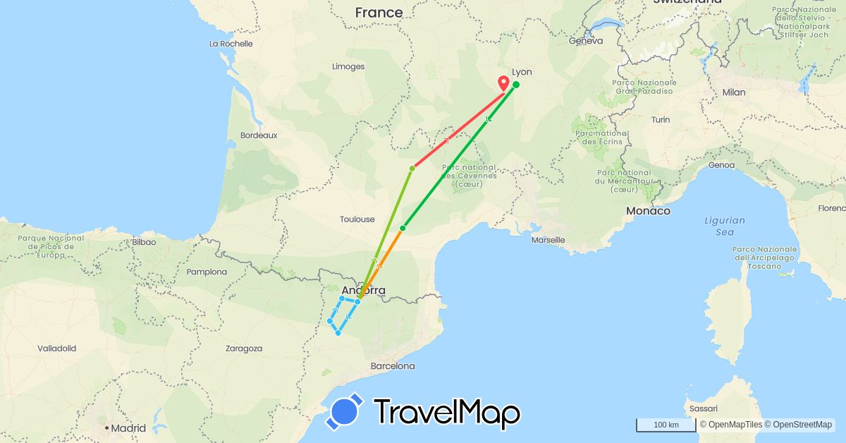 TravelMap itinerary: driving, bus, hiking, boat, hitchhiking, electric vehicle in Spain, France (Europe)
